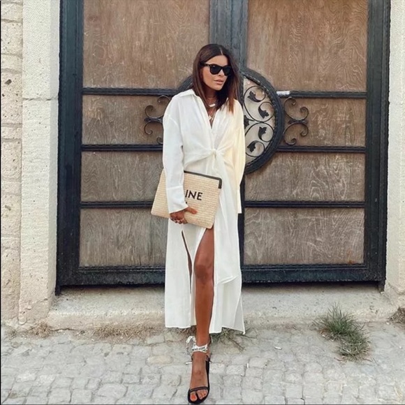 Zara Dresses | Oyster White Midi Shirt Dress Knot TRF Collared | Color: Red/White | Size: Xs | Ruru_'s Closet
